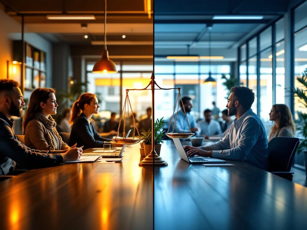 Split-screen vergelijking van interne werknemers aan vergadertafel versus externe kandidaten in interviewruimte