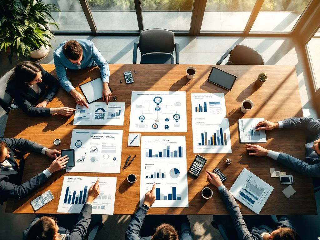 Bovenaanzicht van moderne kantoorwerkruimte met houten vergadertafel, strategische planningsdocumenten en samenwerkende handen