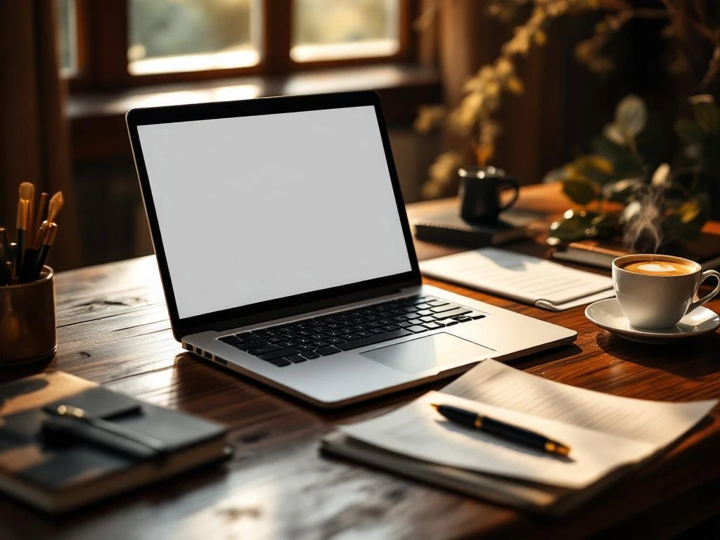 Laptop met leeg document op houten bureau met vulpen, koffie en professionele schrijfmaterialen in natuurlijk licht