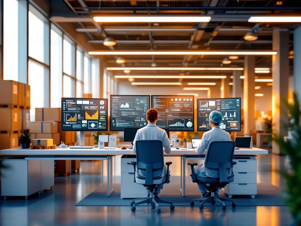 Drie professionele werkstations: zorgverlening voorgrond, IT-werkplek midden, logistiek controlecentrum achtergrond