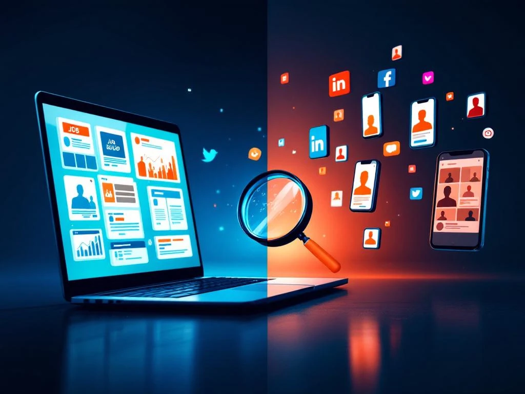 Split-screen vergelijking van traditionele wervingsmethoden op laptop versus moderne social media recruitment platforms