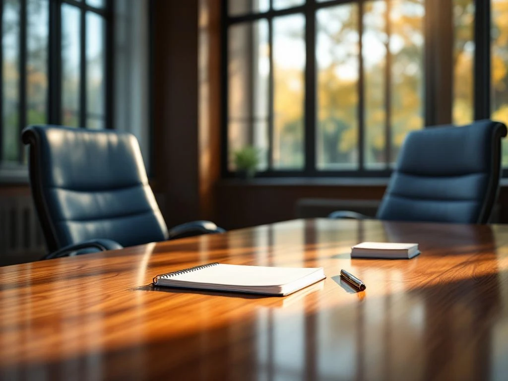Twee stoelen aan vergadertafel met notitieblok en cv's in professioneel kantoor met natuurlijk licht