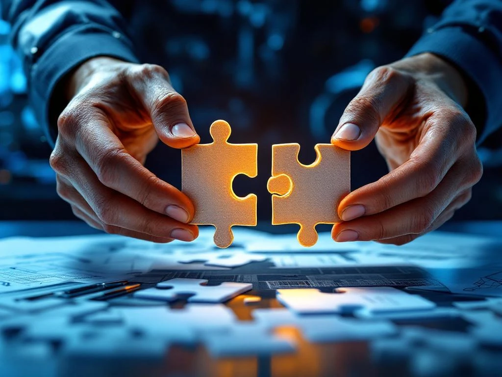 Verweerde handen houden puzzelstukjes vast die niet passen, symboliseert technische recruitment uitdagingen in industriële omgeving