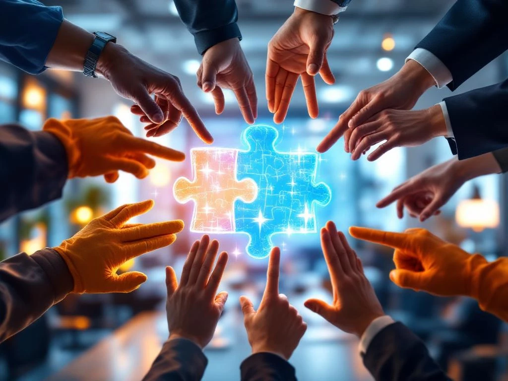 Professionele handen van diverse beroepen reiken naar gloeiend puzzelstuk, symboliseert teamwork en personeelstekort