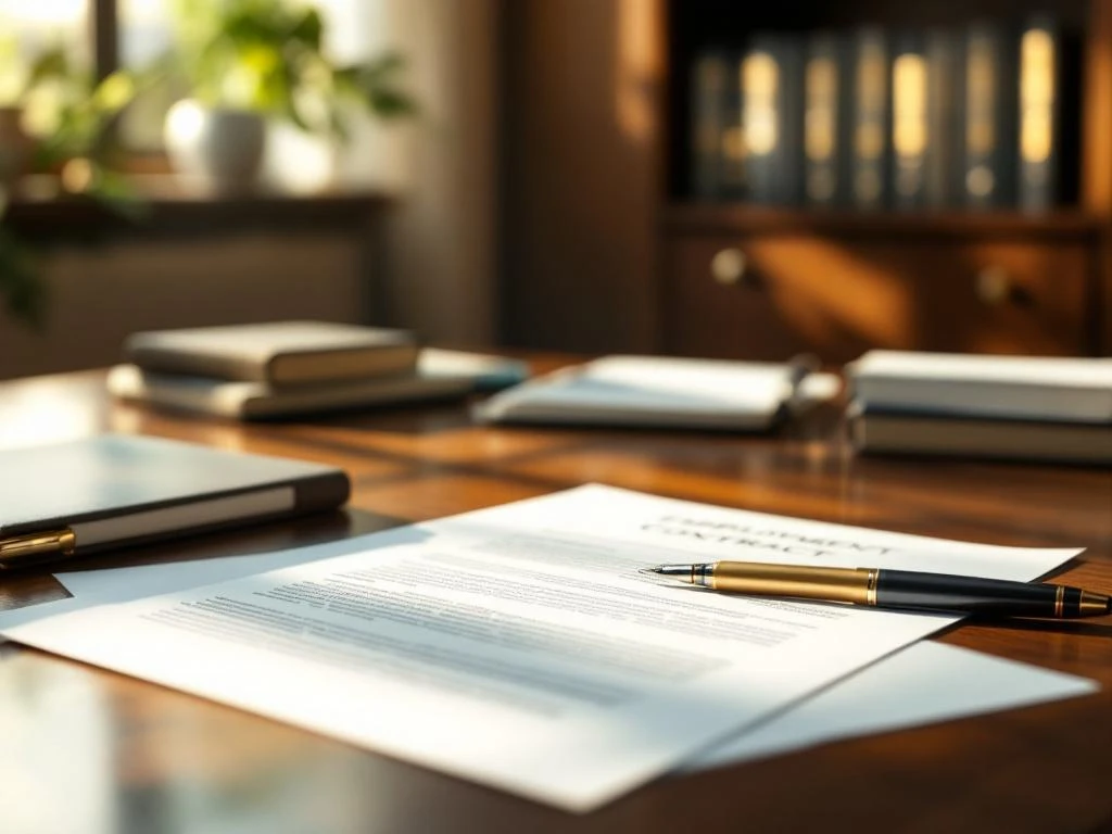 Arbeidscontracten op houten bureau met vulpen in professioneel HR-kantoor met juridische boeken op achtergrond