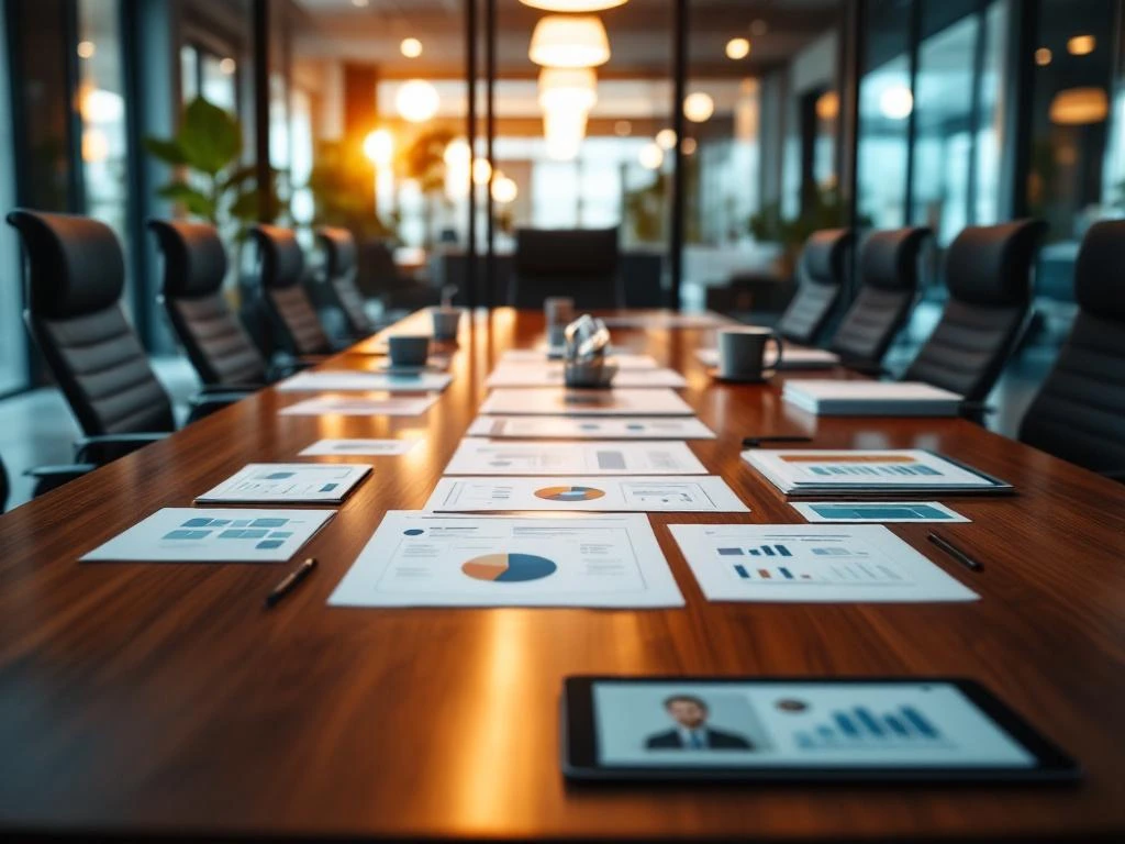 Professionele bestuurskamer met mahonie vergadertafel, portfolios, tablet met organogrammen en moderne stoelen