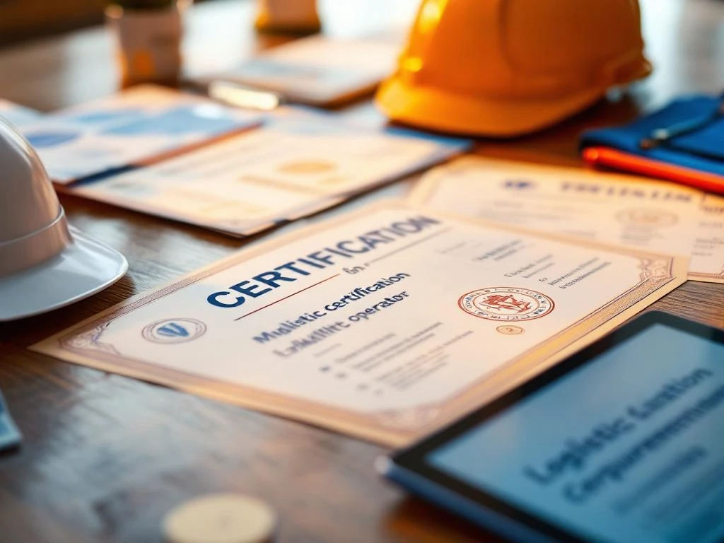 Professionele certificaten en veiligheidsbadges op houten bureau met helm, hesje en tablet met logistieke eisen