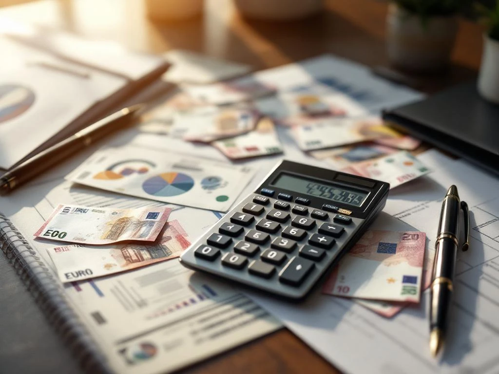 Calculator op bureau met euro bankbiljetten, documenten met grafieken en vulpen in professionele werkruimte