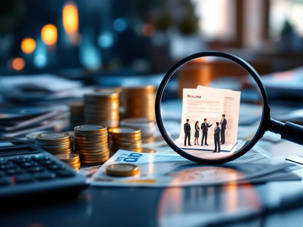 Euro bankbiljetten en munten naast calculator, vergrootglas over miniatuur zakenfiguren op moderne bureau