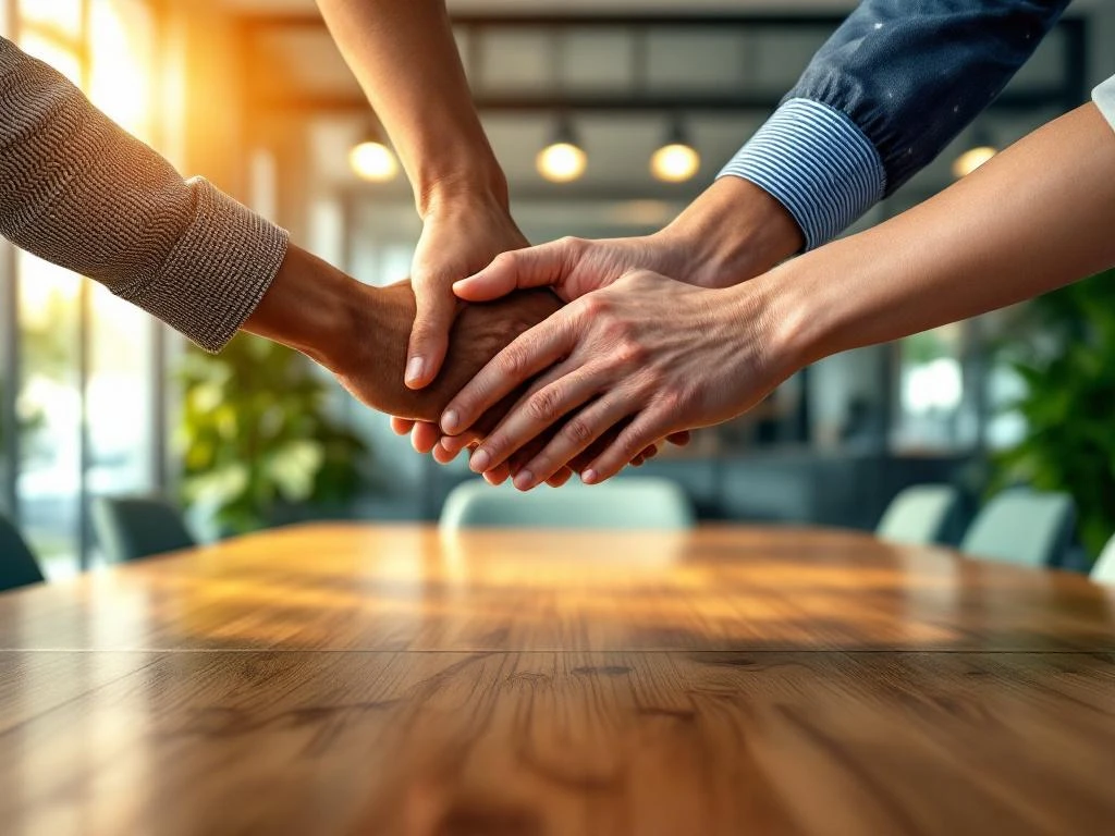 Diverse handen van verschillende leeftijden vormen ondersteunende cirkel boven houten vergadertafel in modern kantoor