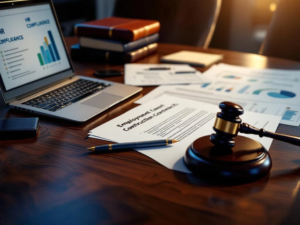 Juridische documenten en arbeidscontracten op houten vergadertafel met hamer en HR-compliance grafieken op laptop
