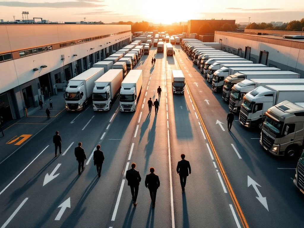 Luchtfoto van moderne logistieke hub met vrachtwagens in rijen en chauffeurs die naar voertuigen lopen bij zonsondergang