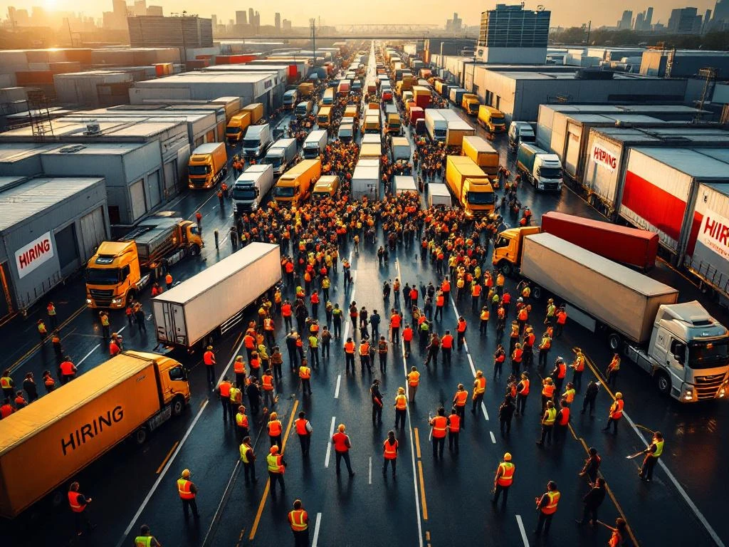 Luchtfoto van logistiek centrum waar transportbedrijven werknemers werven bij vrachtwagens en magazijnen met wervingsbanners