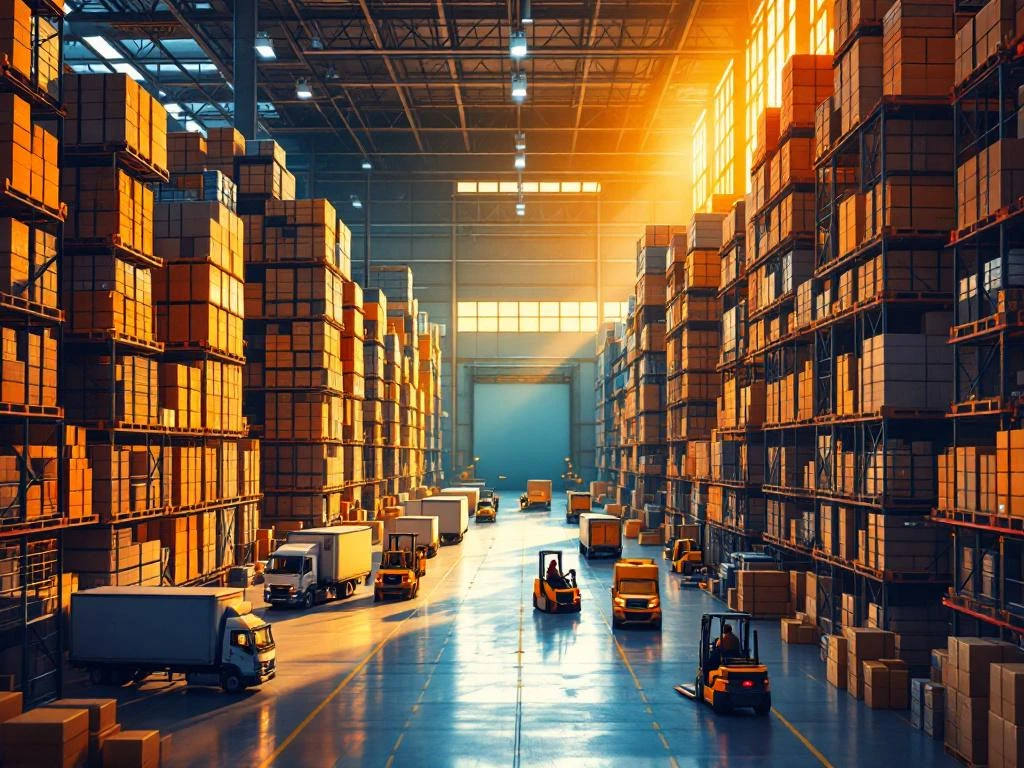 Magazijn met hoge stapels kleurrijke pakketten, vrachtwagens die worden geladen en vorkheftrucks tussen voorraadpieken