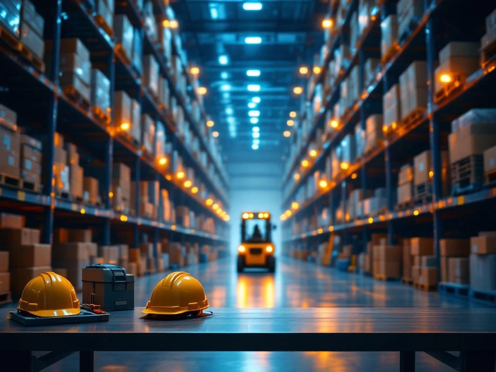 Magazijninterieur met industriële stellingen vol dozen, veiligheidsuitrusting op bureau en vorkheftruck in achtergrond
