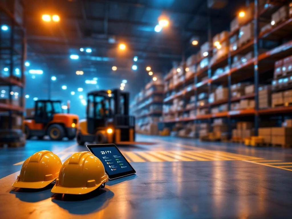 Nachtploeg logistiek magazijn met vorkheftrucks, transportbanden en veiligheidsequipment op bureau met digitale tablets