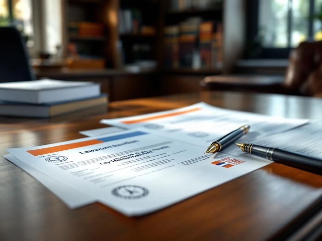 Houten bureau met Nederlandse officiële documenten, vulpen en juridische boeken op achtergrond voor wettelijke voorbereiding