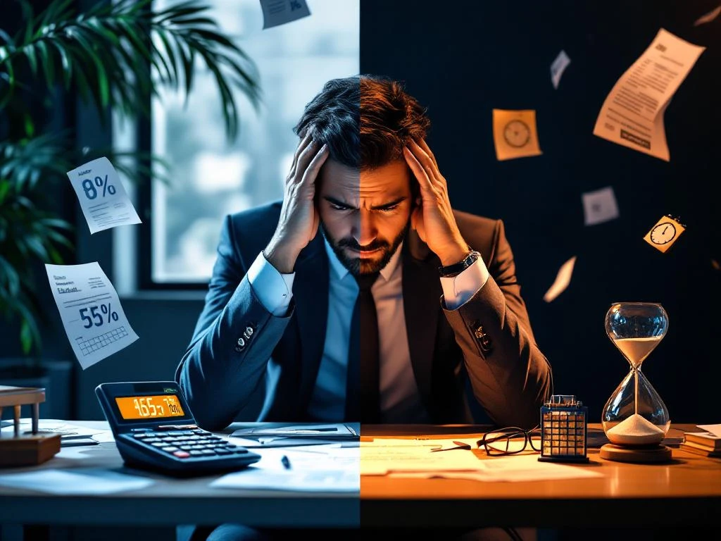 Gefrustreerde zakenman aan rommelig bureau met hoge kosten tegenover lege werkplek met zandloper en vertraagde planning
