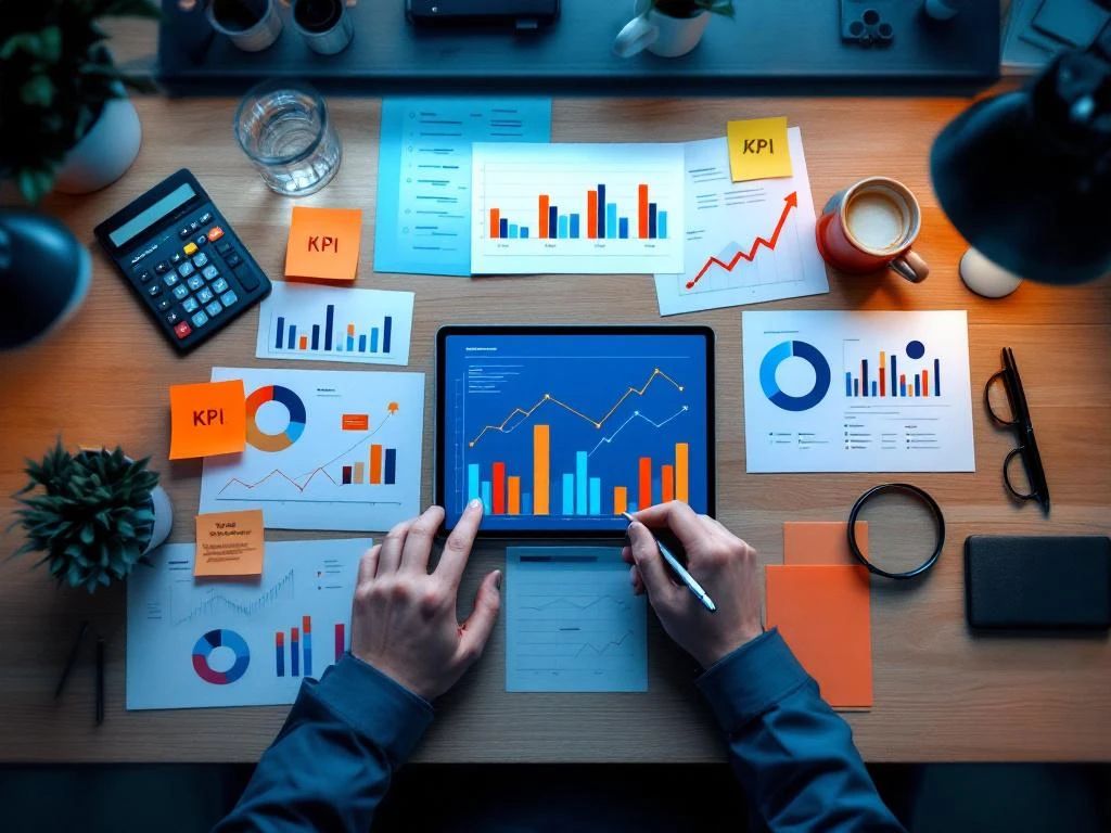 Overhead weergave van modern bureau met prestatie-evaluatie materialen, grafieken op tablets, calculator en KPI documenten