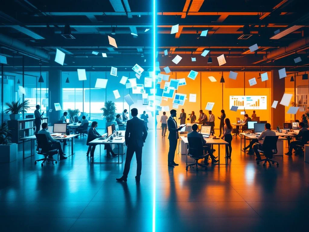 Gesplitst kantoor toont wervingsbureau links met bureaus en computers, rechts flexibel uitzendbureau met professionals