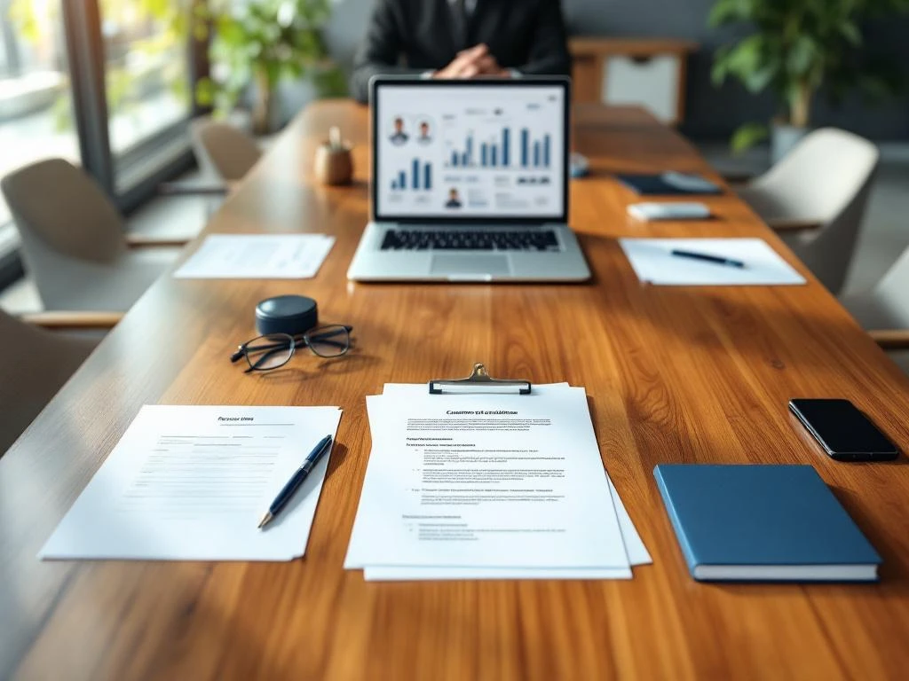 Houten vergadertafel met cv's, documenten en laptop voor recruitment in modern kantoor met natuurlijk licht