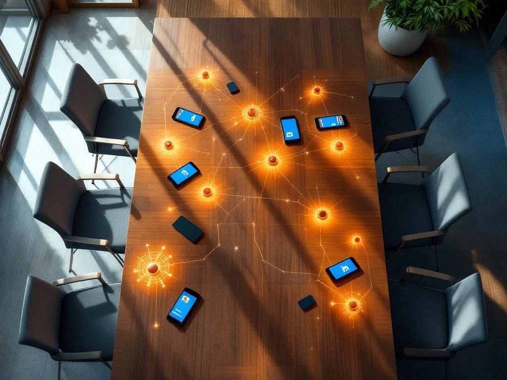 Moderne vergaderruimte van bovenaf met lege stoelen rond tafel, smartphones met LinkedIn-profielen en netwerksymbolen