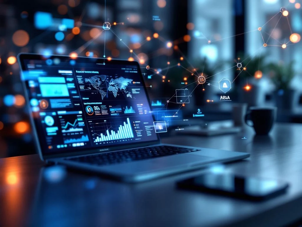 Moderne digitale apparaten op kantoorbureau tonen recruitment dashboards, kandidaatprofielen en AI-analytics met holografische data