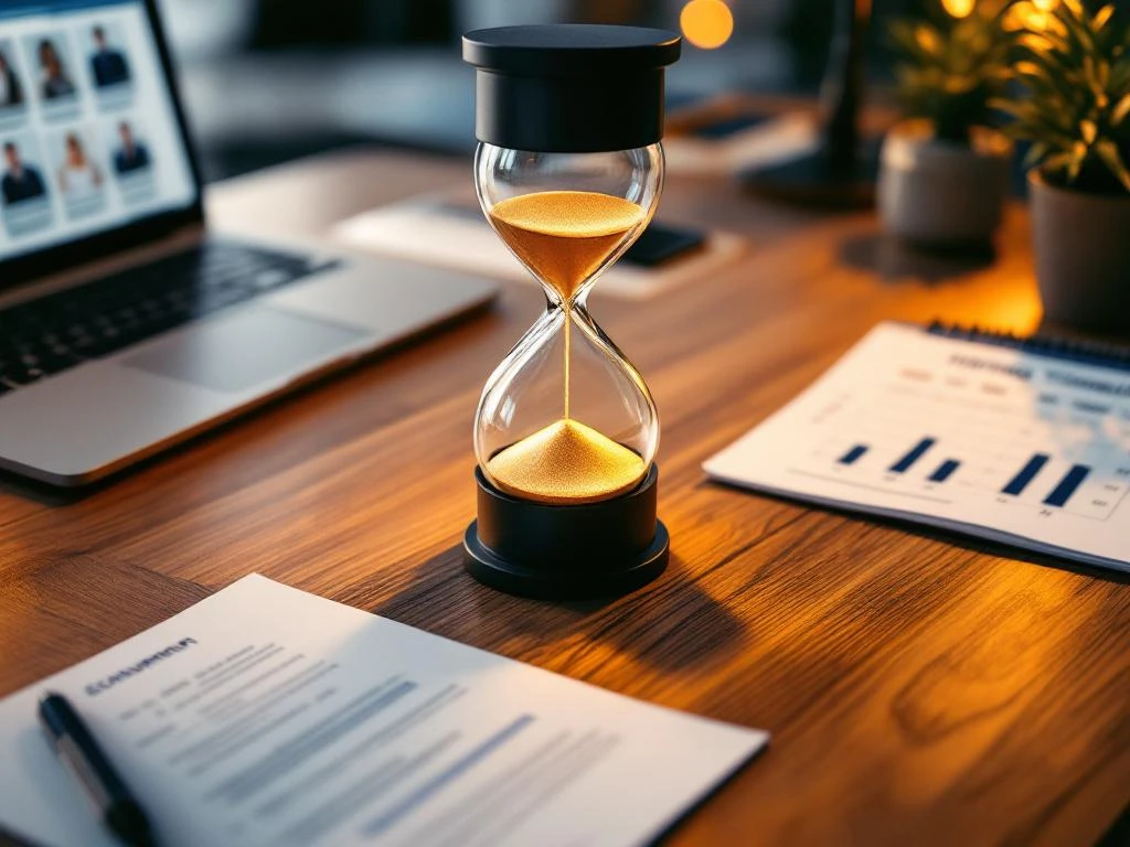 Zandloper met gouden zand op bureau met cv's, laptop en kalender voor recruitment en tijdbeheer in moderne kantooromgeving