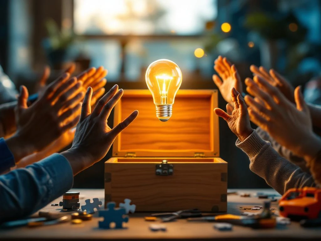 Diverse handen reiken naar gloeiende gloeilamp boven gereedschapskist, symboliseert talent ontdekken en potentieel ontwikkelen