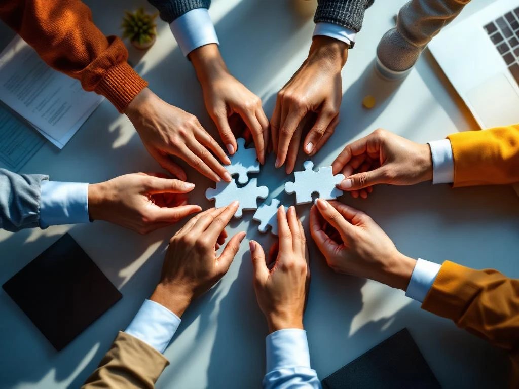 Diverse handen van verschillende etniciteiten voegen puzzelstukjes samen op modern kantoorbureau, teamwork concept