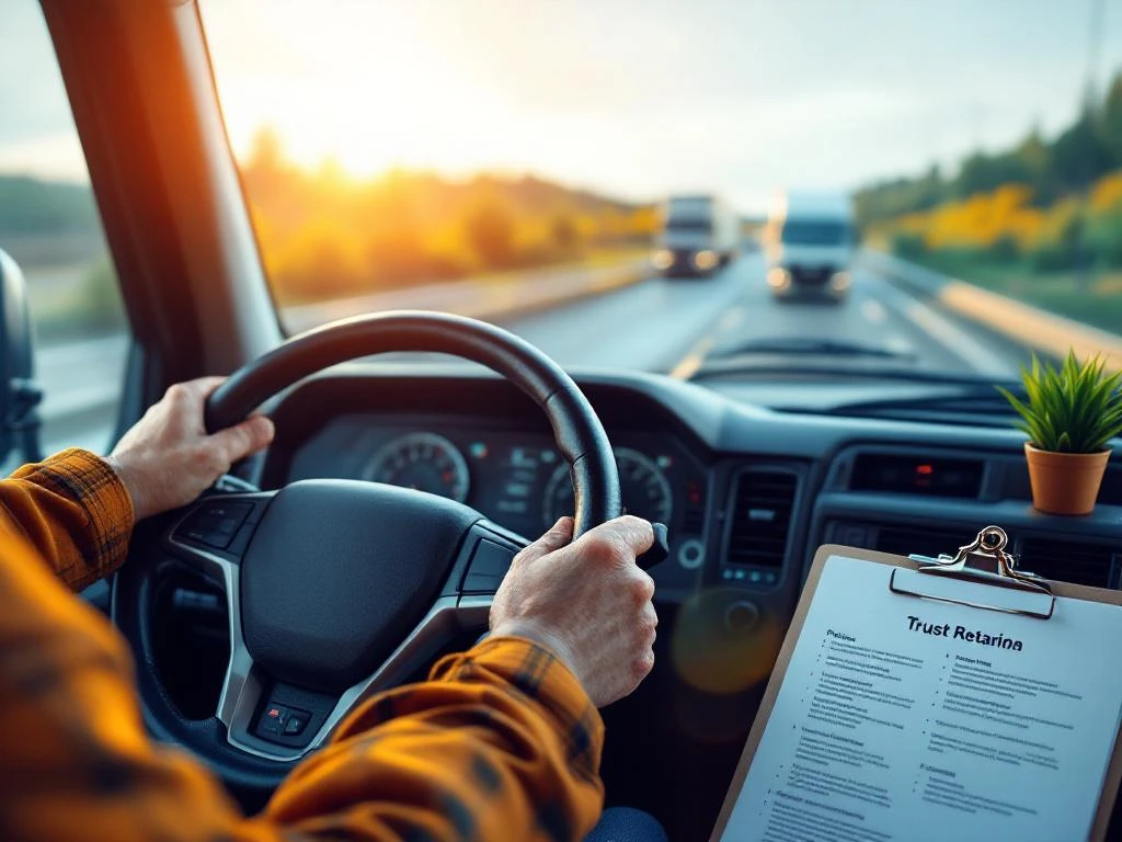 Ervaren truckerhandjes aan het stuur met moderne navigatie en professionele documenten op het dashboard