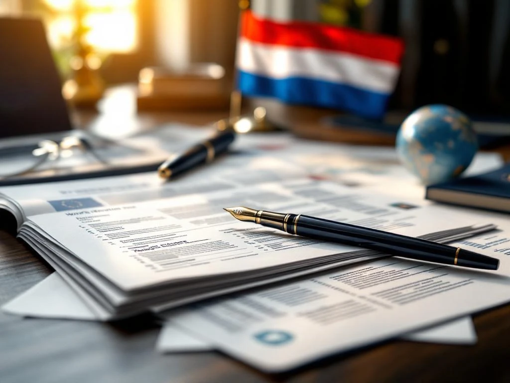 Elegant kantoorbureau met officiële documenten, EU- en Nederlandse vlaggen, paspoorten en werkvergunningen voor arbeidsrecht