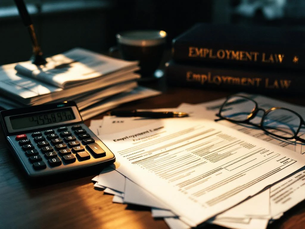 Professioneel accountantsbureau met belastingdocumenten, calculator, loonadministratie en wetboeken op georganiseerd bureau