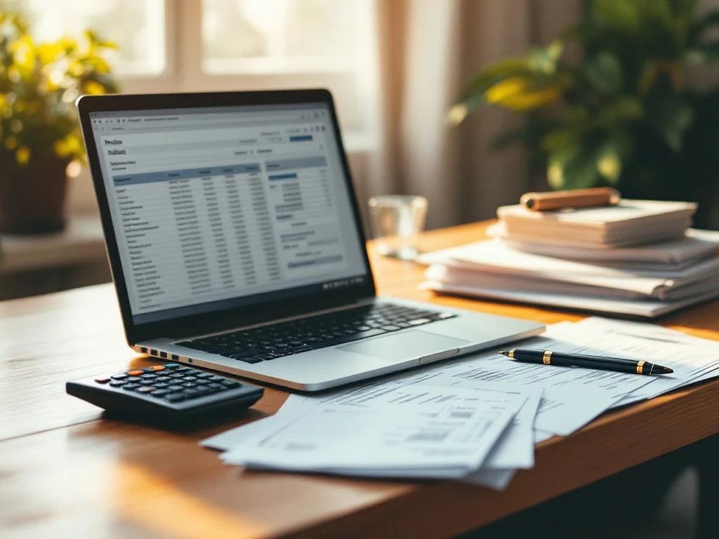 Laptop met spreadsheet software op houten bureau met georganiseerde belastingdocumenten, rekenmachine en pen