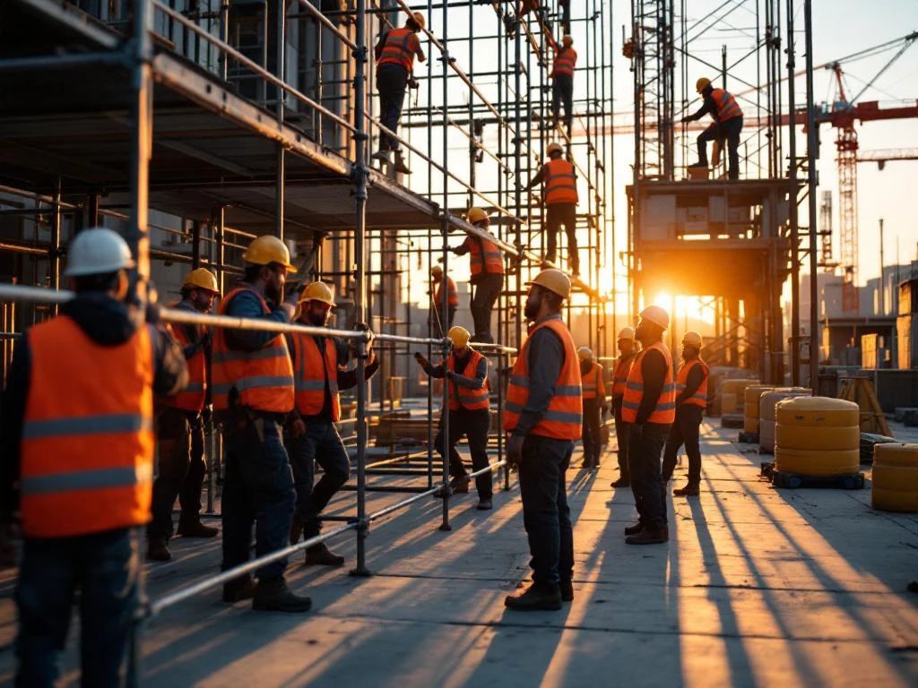 Diverse bouwvakkers in hesjes passen modulaire steigers aan op industriële bouwplaats met kranen bij gouden uur