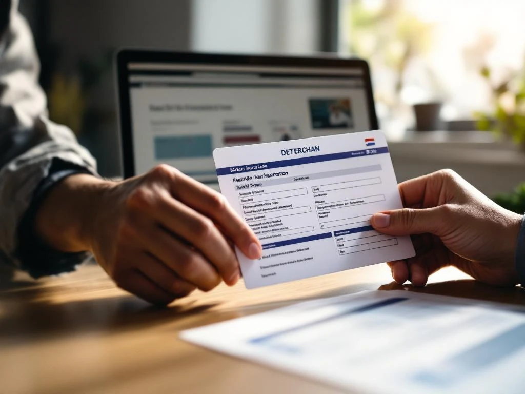 Handen houden BSN-registratiedocument vast met zorgverzekeringspas eronder op houten bureau, laptop op achtergrond