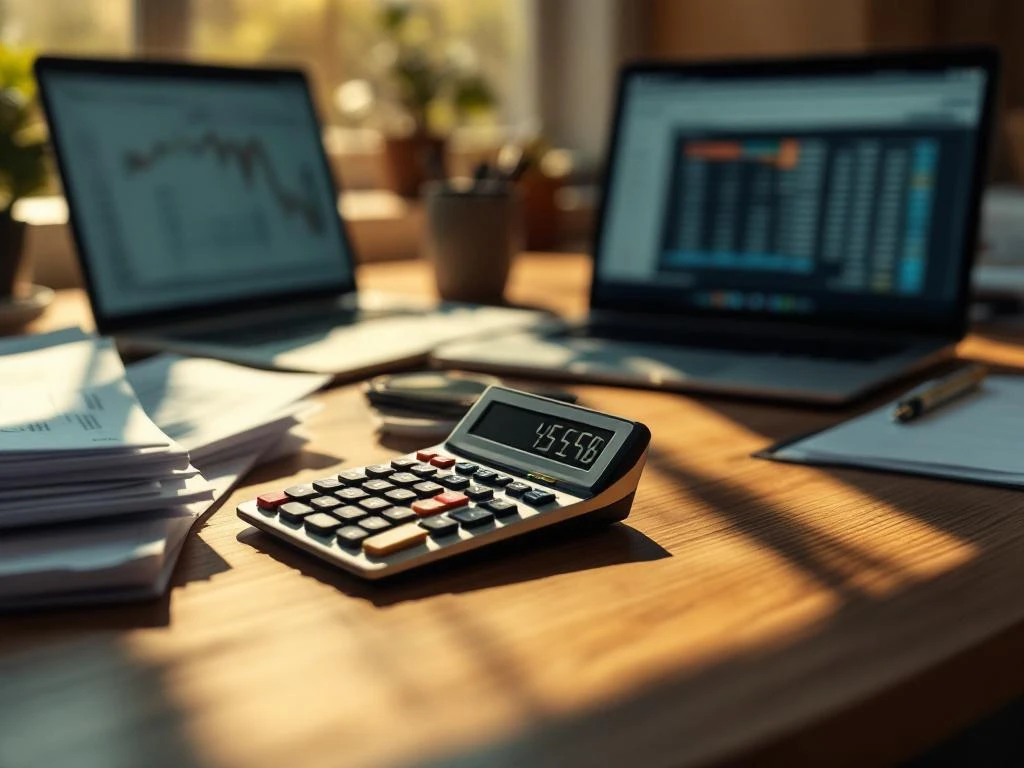 Rekenmachine op kantoorbureau met salarisadministratie documenten, laptop met spreadsheet en koffiekop in natuurlijk licht