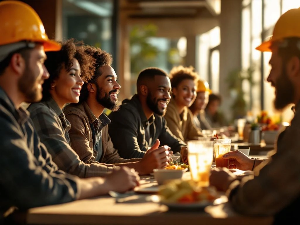 Diverse bouwvakkers en kantoormedewerkers delen lunch in moderne bedrijfskantine met natuurlijk licht