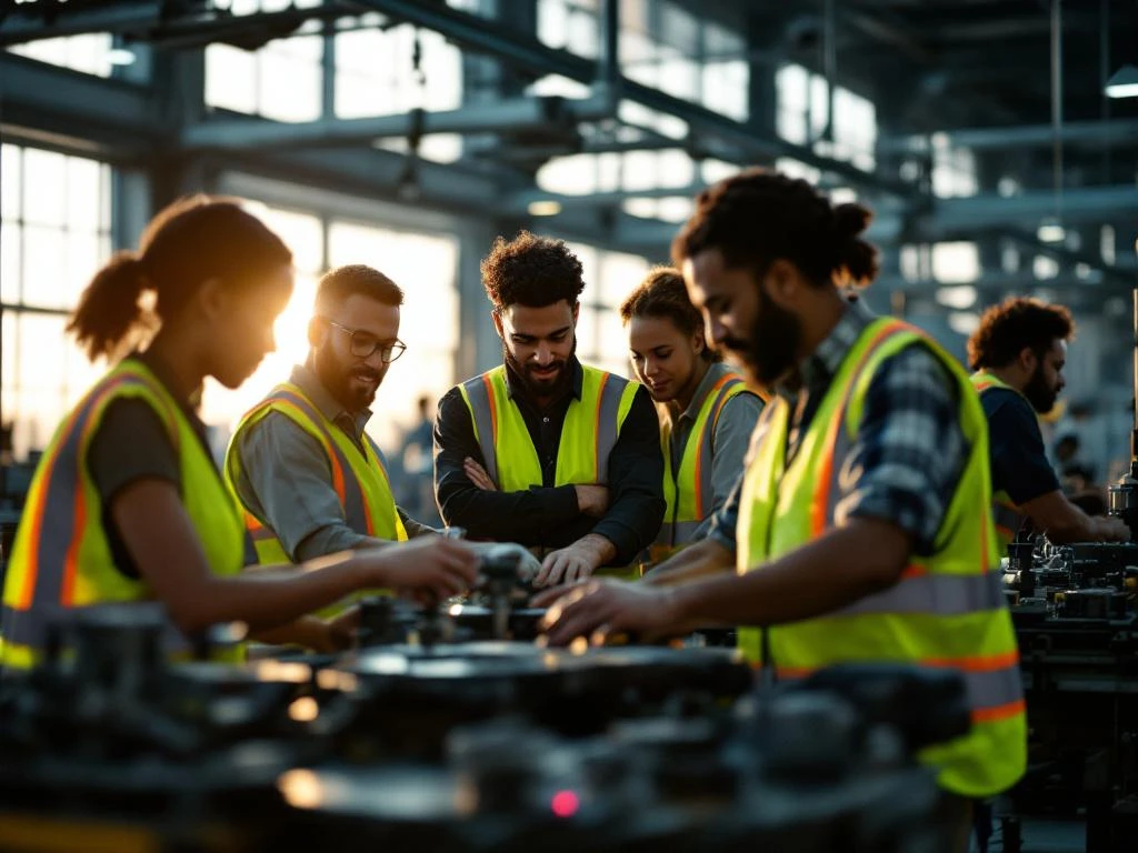 Diverse groep vakarbeiders in veiligheidsvesten werkt samen aan precisie-apparatuur in moderne fabriek