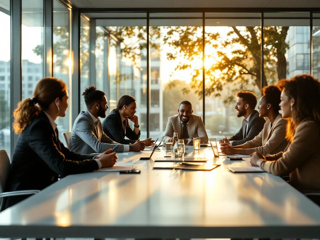 Diverse zakelijke vergadering in moderne glazen conferentieruimte met vertaaltechnologie op tafel tijdens gouden uur