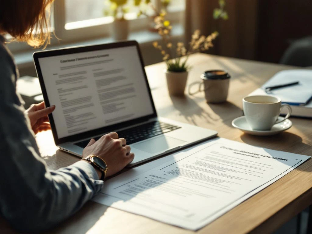 Nederlandse freelancer bekijkt officiële overheidsdocumenten aan moderne werkplek met laptop en contracten