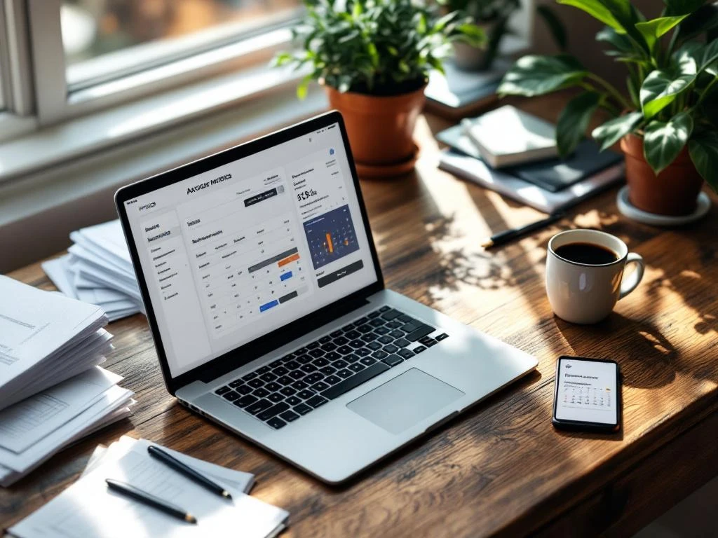 Freelancer thuiswerkplek met laptop met boekhoudingsoftware, belastingdocumenten, smartphone en koffiemok op houten bureau
