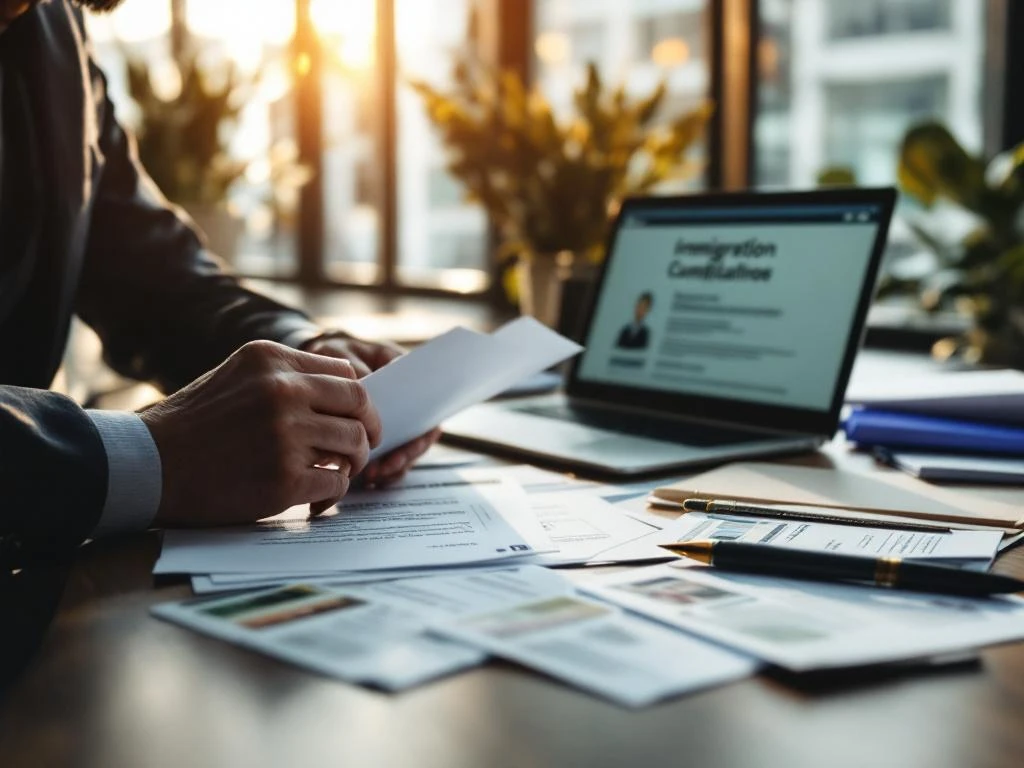 HR-manager bekijkt compliancedocumenten en werkvergunningen van internationale werknemers op kantoorbureau