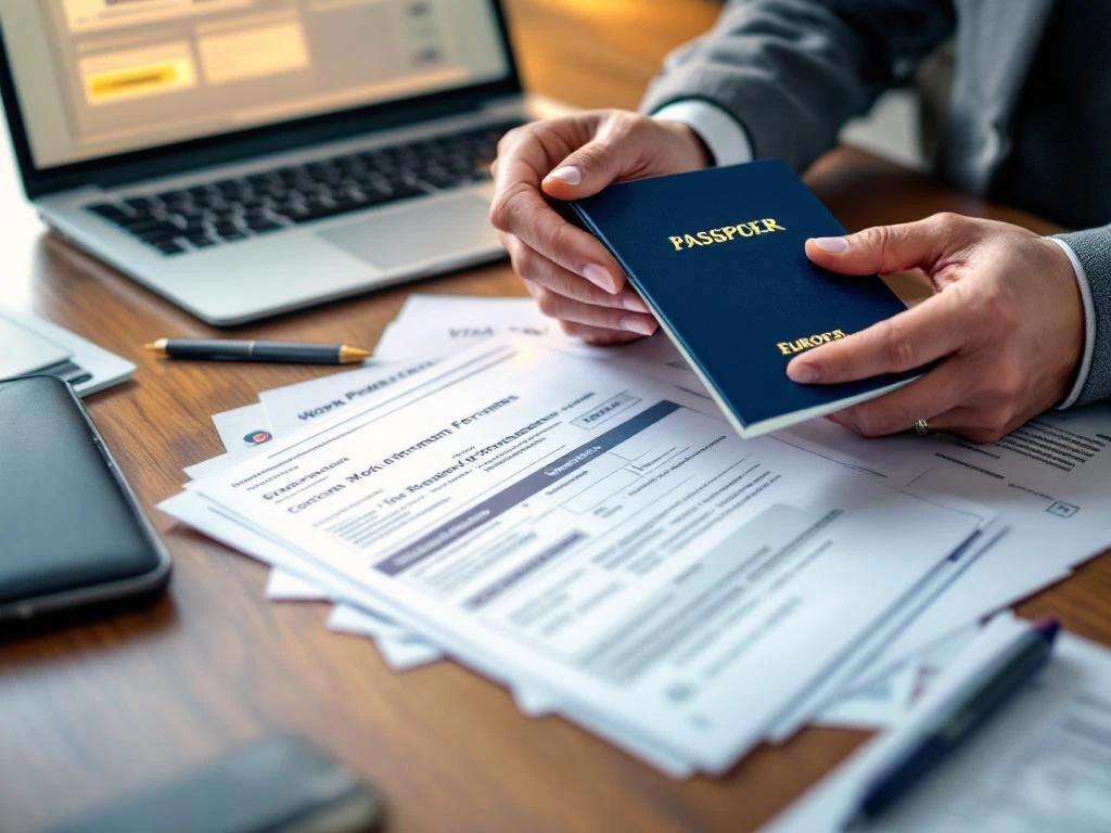 HR-manager onderzoekt Europees paspoort en werkvergunningen op bureau met laptop met overheidsformulieren op achtergrond