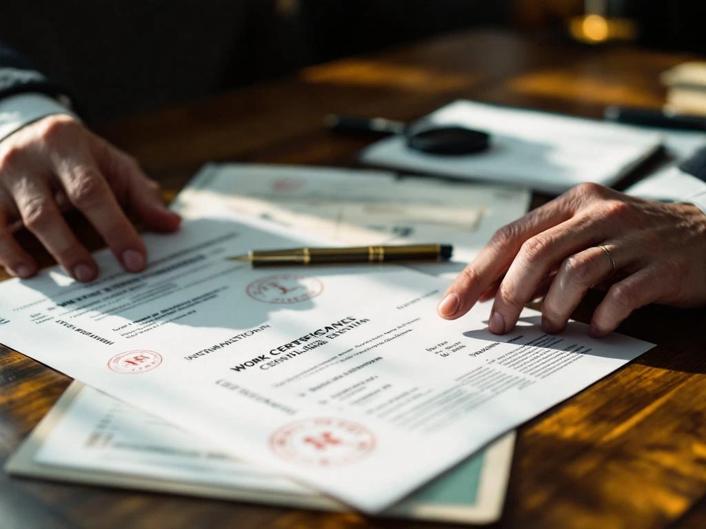 HR-manager onderzoekt internationale cv's en certificaten met vergrootglas op houten bureau in kantoor