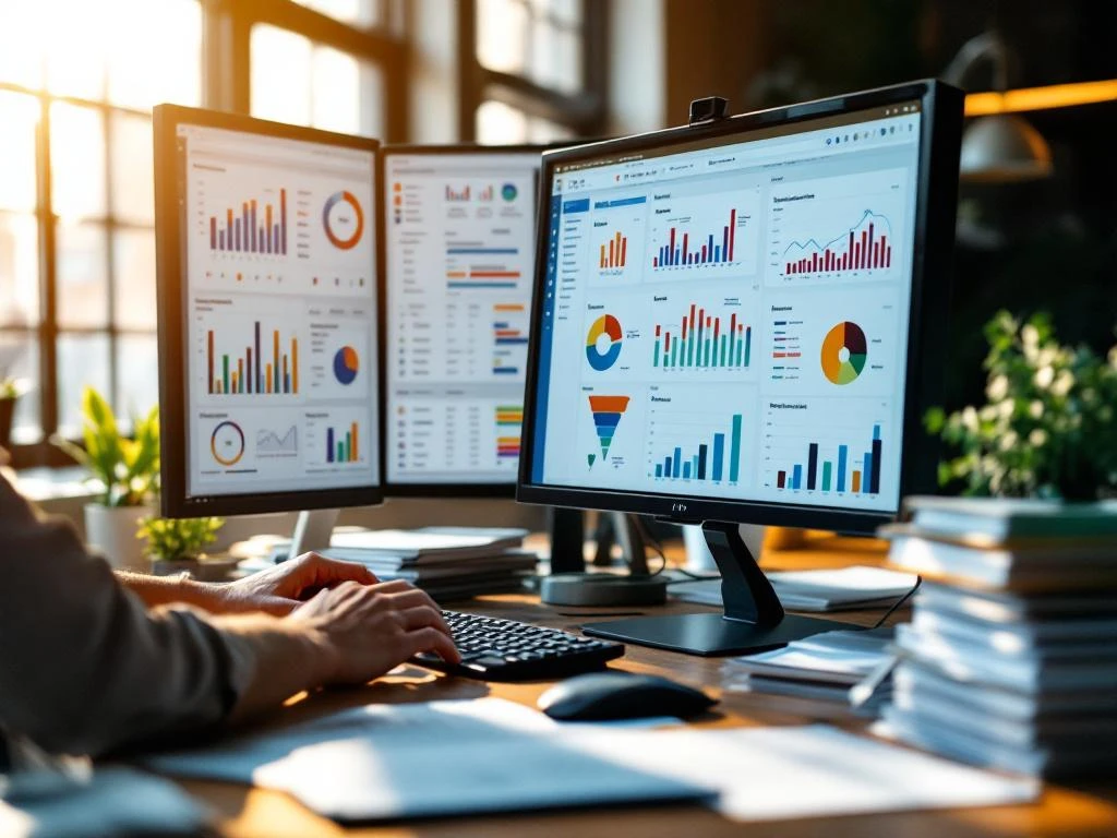 HR-recruiter werkt aan bureau met meerdere monitoren die kleurrijke dashboards en kandidaatgegevens tonen