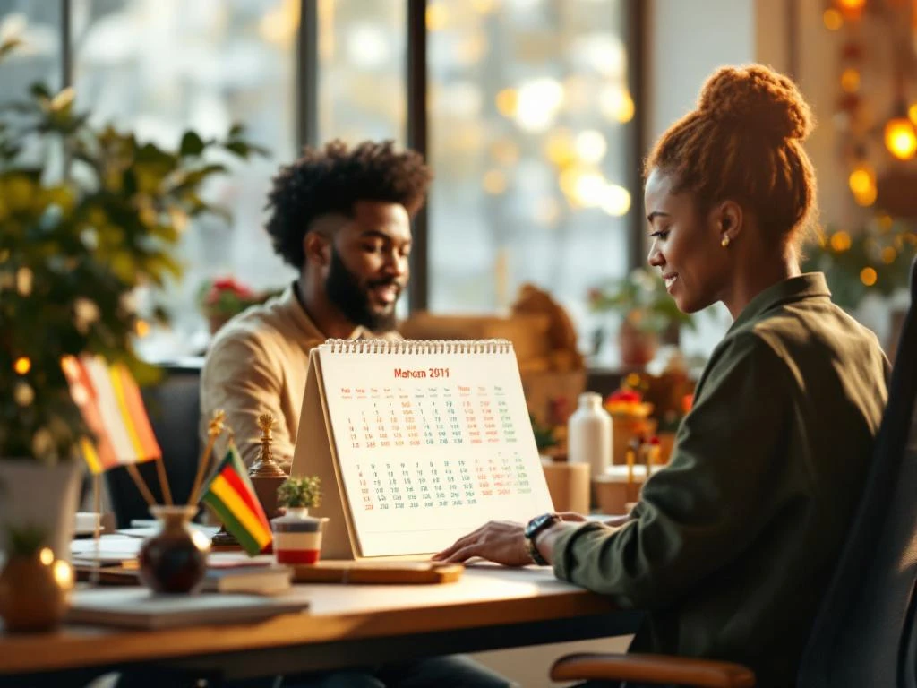 Kantoormedewerker bekijkt kleurrijke kalender met internationale feestdagen, omringd door culturele decoraties en vlaggen