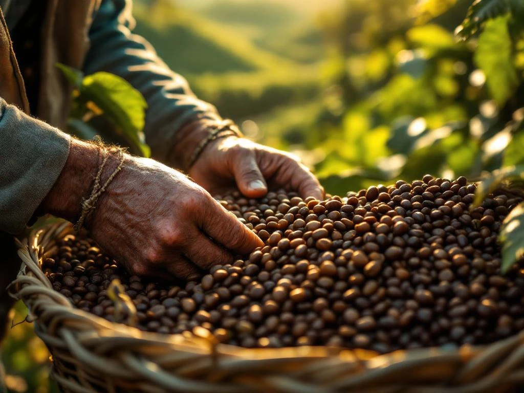 Verweerde boerenhanden onderzoeken koffiebonen in rieten mand, groene koffieplantage op heuvels in gouden ochtendlicht