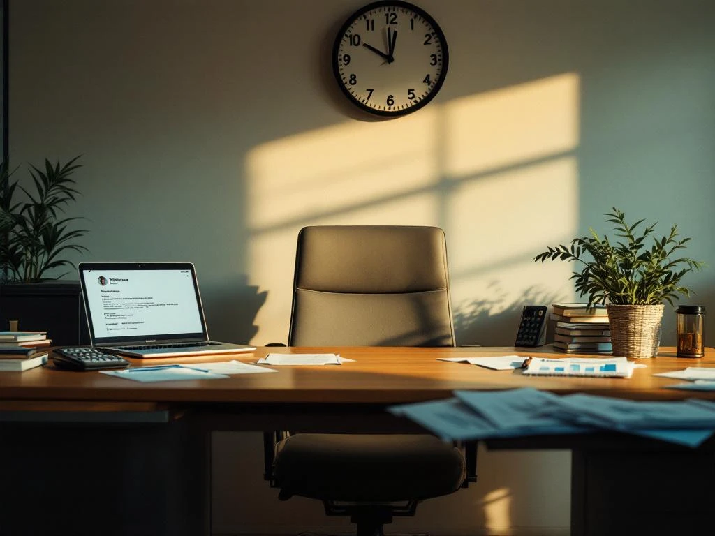 Lege bureaustoel aan houten bureau met cv's, laptop met sollicitatie-emails en rekenmachine met kostenanalyse