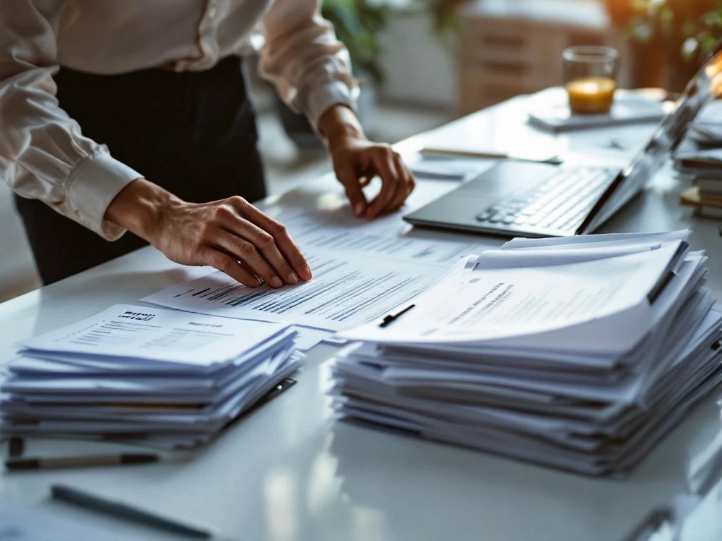 Kantoormedewerker organiseert salarisadministratie documenten en tablets op moderne bureau met laptop en spreadsheets